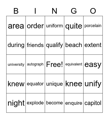 4th / 5th Grade Sight Words Bingo Card