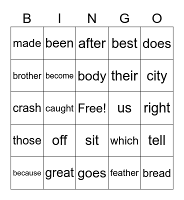 2nd Grade Sight Words Bingo Card