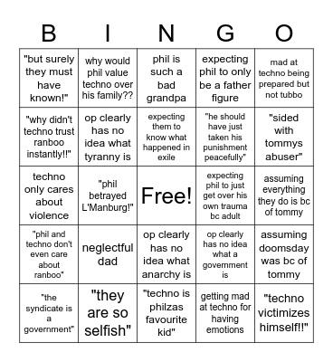 Shitty techno and phil takes on twitter be like Bingo Card