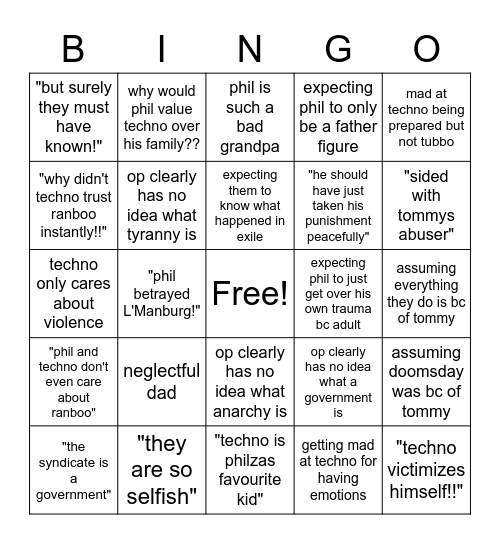 Shitty techno and phil takes on twitter be like Bingo Card
