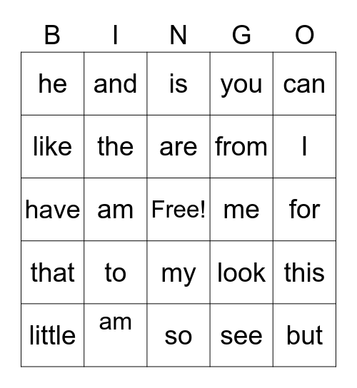 Sightword Bingo Card