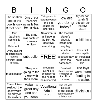 Vocabulary in Sentences Bingo Card