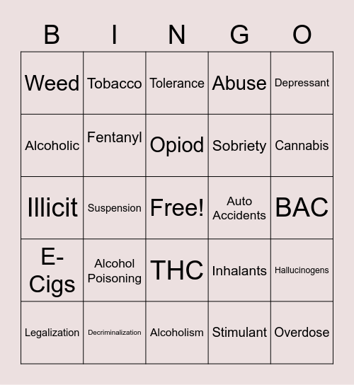 Alcohol & Drug Bingo Card