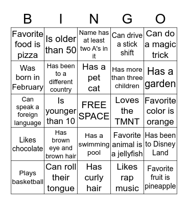 Person Bingo - Find a person that matches the description and write their name in that space. When you get a Bingo you win!  Bingo Card