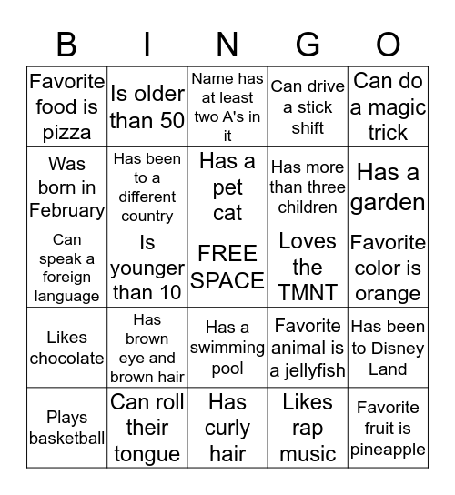 Person Bingo - Find a person that matches the description and write their name in that space. When you get a Bingo you win!  Bingo Card