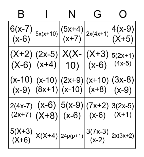 Factoring Bingo Card