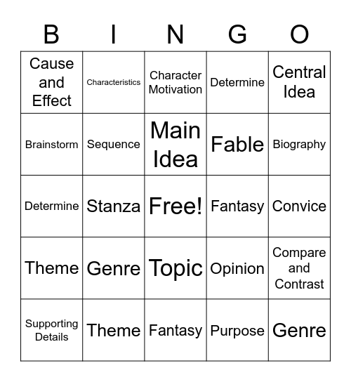 Reading Vocabulary Bingo Card