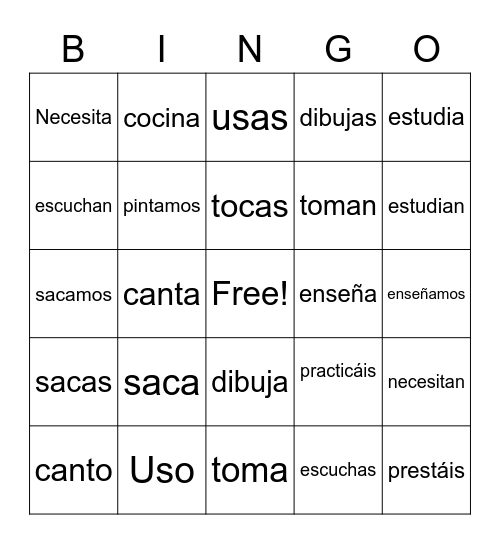 ar verb bingo Card