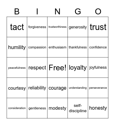 Virtues Bingo Card