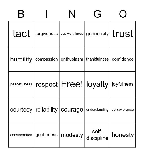 Virtues Bingo Card