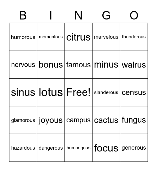 Suffixes "us" and "ous" BINGO Card
