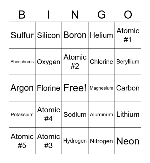 Elements Bingo Card