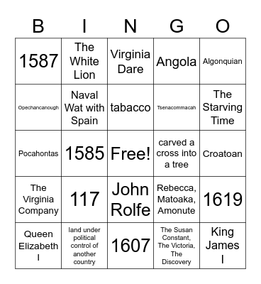 Roanoke and Jamestown Bingo Card