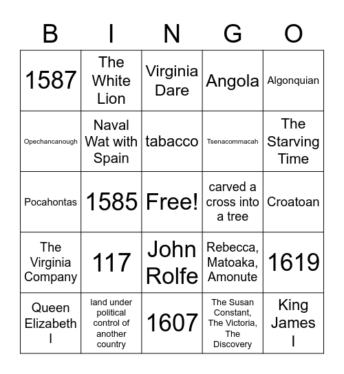 Roanoke and Jamestown Bingo Card