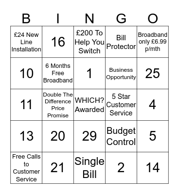 UTILITY WAREHOUSE  Bingo Card