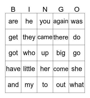 High Frequency Words Bingo Card