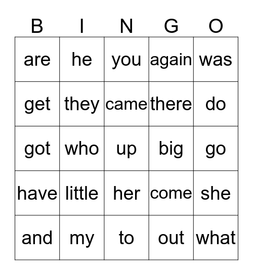 High Frequency Words Bingo Card