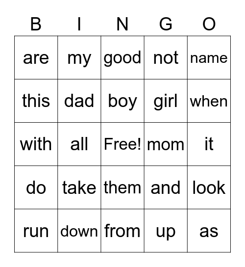 Sight Words Bingo Card