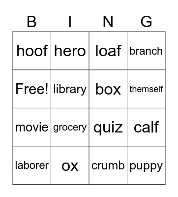 Irregular Plurals Bingo Card