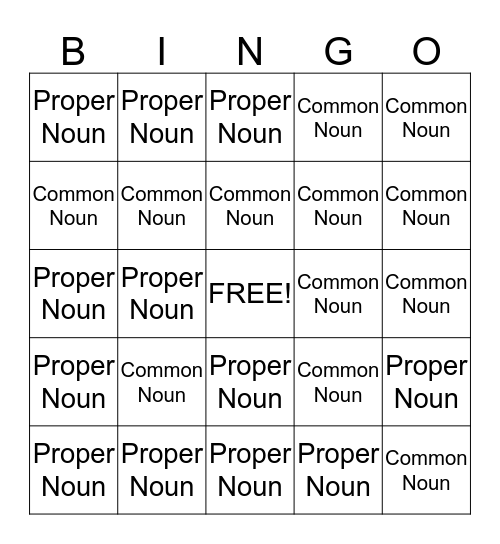 COMMON and PROPER NOUNS Bingo Card