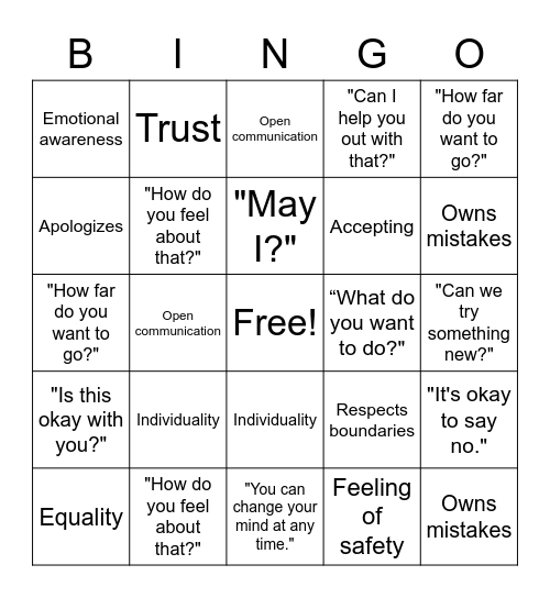 Healthy Relationships Bingo Card