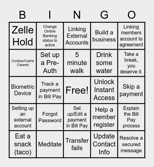 Online Banking Bingo Card