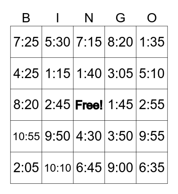 Telling Time Bingo Card