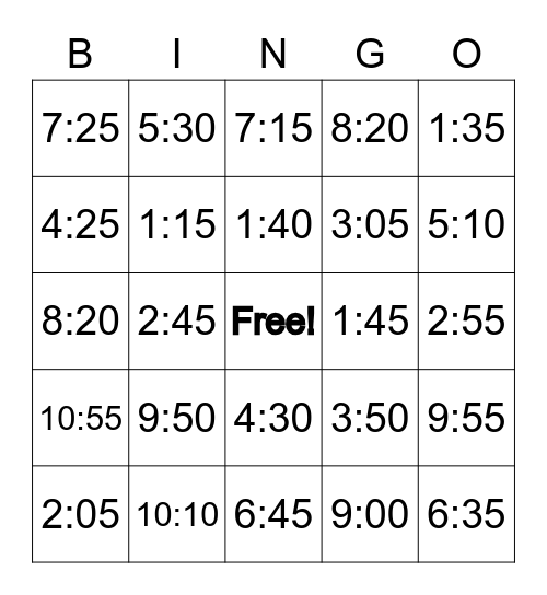 Telling Time Bingo Card