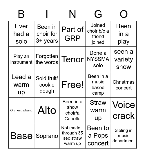 Choir Bingo Card