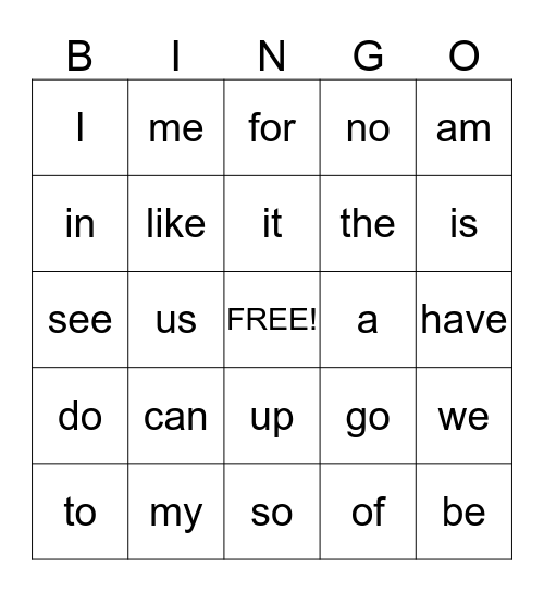 sight word bingo Card