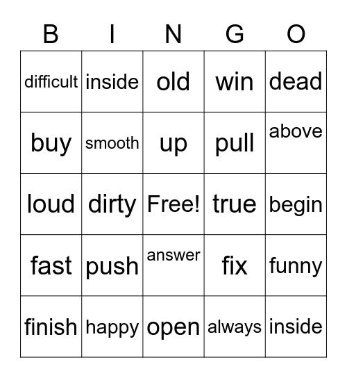 Antonym Bingo Card