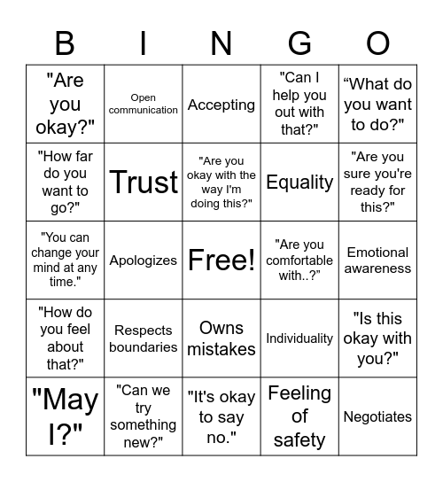 Healthy Relationships Bingo Card
