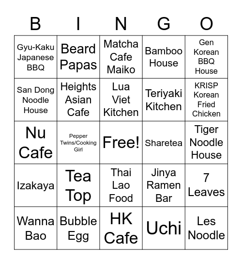 H-Town Asian Food Bingo Card
