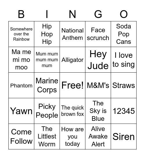 Choir Warm Up Bingo Card