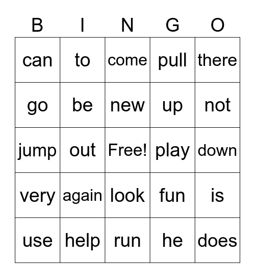 Sight Word Bingo Card