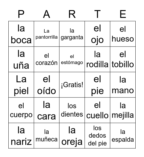 4.2 Las partes del cuerpo Bingo Card