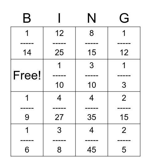 MULTIPLYING FRACTIONS Bingo Card