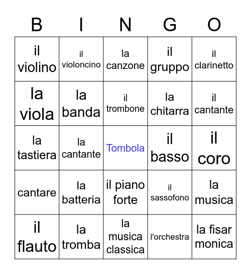 La musica/Gli strumenti musicali Bingo Card