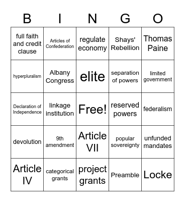 UCS Gov Unit 1 Review Bingo Card