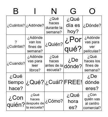 Asking questions: Haciendo preguntas Bingo Card