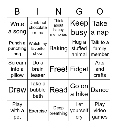 Coping Skills Bingo Card