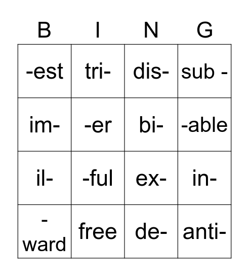 Prefixes and Suffixes Bingo Card