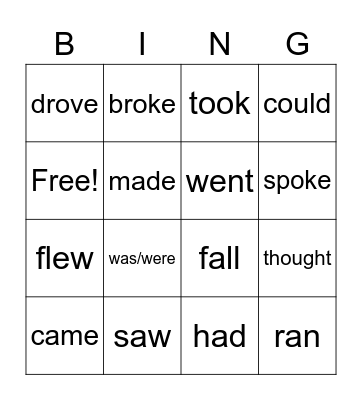 irregular verbs Bingo Card