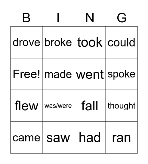 irregular verbs Bingo Card