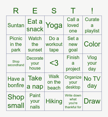 Self-Care Bingo Card