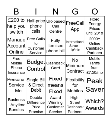 UTILITY WAREHOUSE  Bingo Card