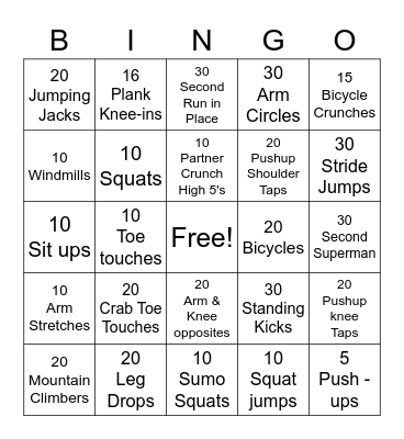 Fitness Bingo Card