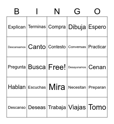 Present tense AR verbs Bingo Card