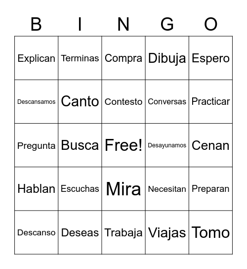 Present tense AR verbs Bingo Card