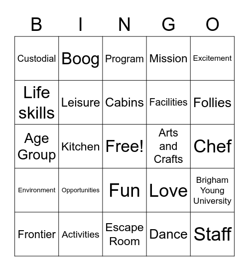 Summer Staff Info Session Bingo Card